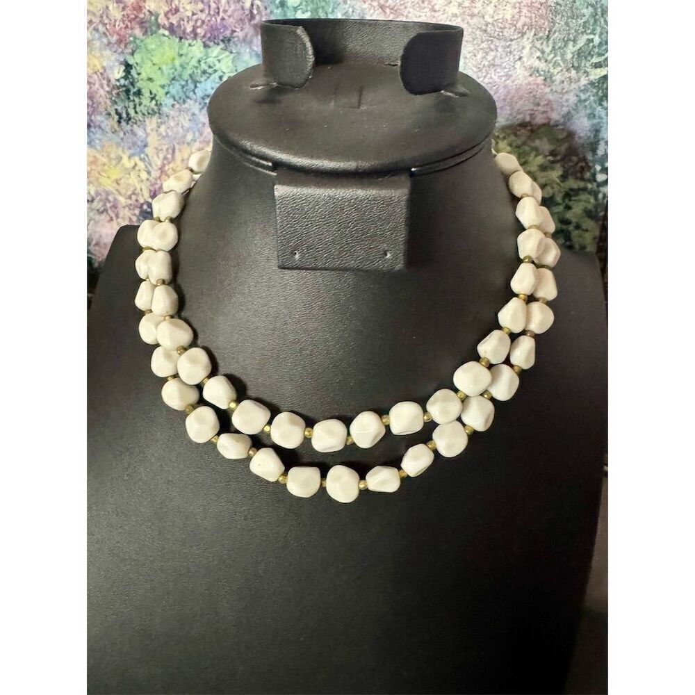 Vintage Crown Trifari White Lucite Double Strand Beaded Necklace